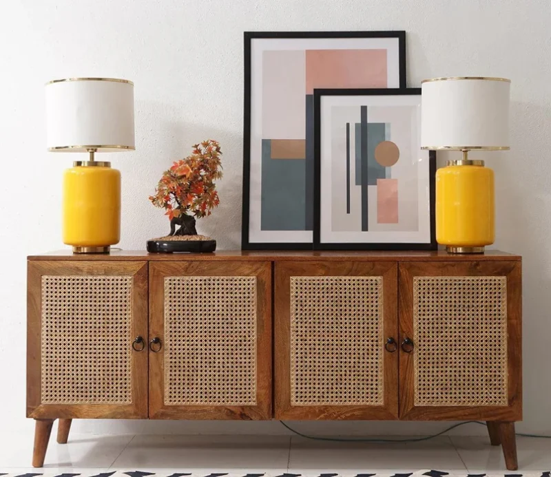 Natural Art & Crafts Cane Rattan Mango Wood Cabinet and Sideboard with 4 Doors - Image 3