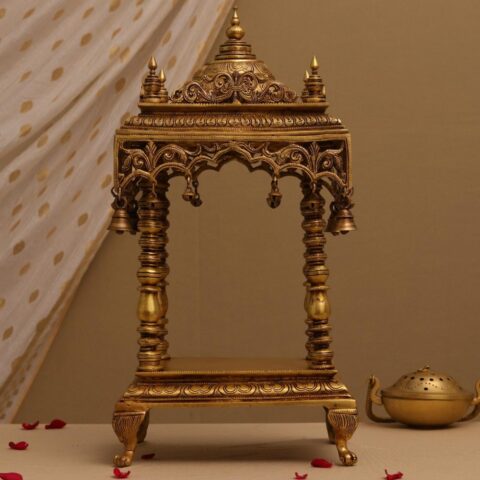 Natural Art & Crafts Traditional Hand Carved Teak Wood Pooja Temple for Daily Prayers (Golden Elegant Finish)