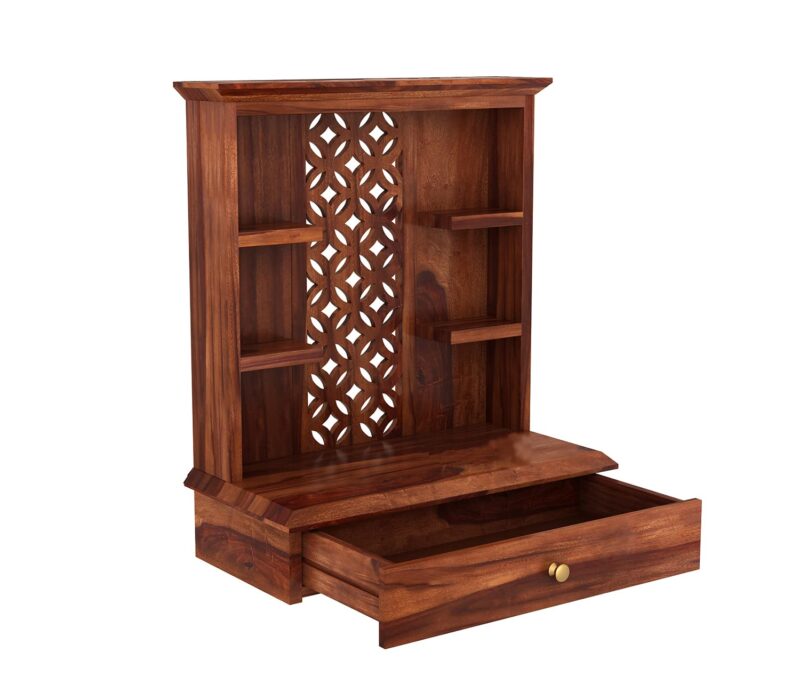 Natural Art & Crafts Ideal Forge Traditional Handmade Wooden Pooja Temple with 1 Drawer for Daily Prayers - Image 2
