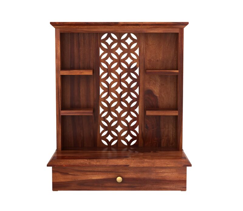 Natural Art & Crafts Ideal Forge Traditional Handmade Wooden Pooja Temple with 1 Drawer for Daily Prayers - Image 3