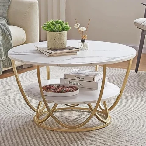 Natural Art & Crafts Round Coffee Table with Marble Top Like Finish Stylish 2-Tier Designraggy Modern Butterfly Design Coffee Table With Convenient Storage 1 Drawer ( White )