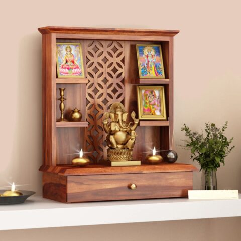 Natural Art & Crafts Ideal Forge Traditional Handmade Wooden Pooja Temple with 1 Drawer for Daily Prayers