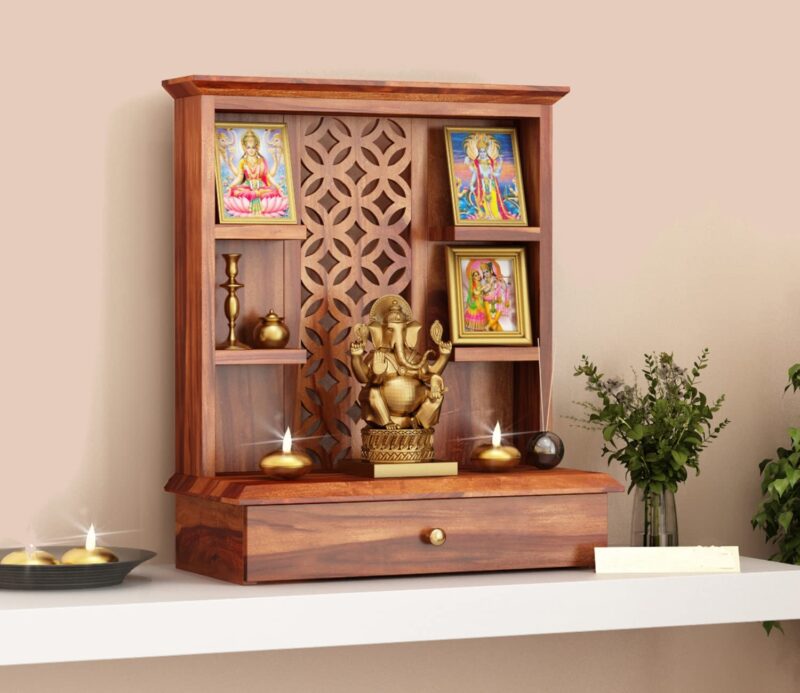 Natural Art & Crafts Ideal Forge Traditional Handmade Wooden Pooja Temple with 1 Drawer for Daily Prayers