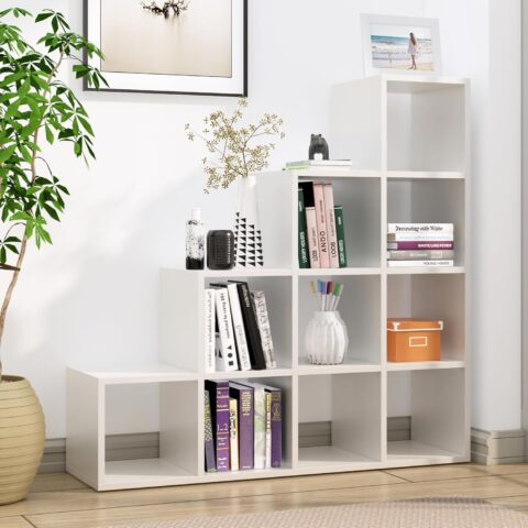Natural Art & Crafts Modern 6 Layer Ladder Handmade Engineered Wood Bookshelf Rack for Library Home or Office (White)
