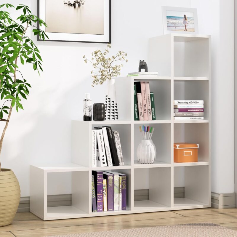 Natural Art & Crafts Modern 6 Layer Ladder Handmade Engineered Wood Bookshelf Rack for Library Home or Office (White)