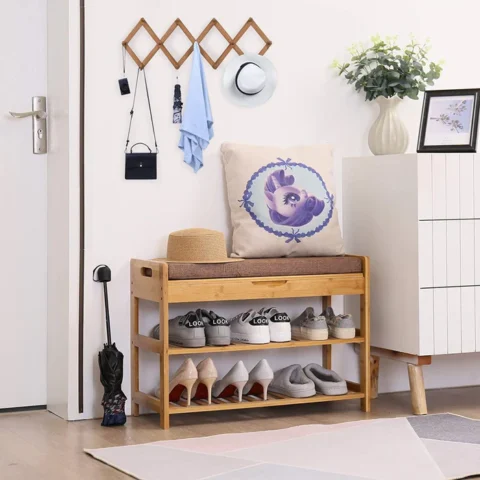 Natural Art & Crafts Stylish 3- Tier Organizer In Bamboo Wood Shoe Rack Bench with Cushion