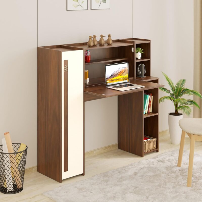Natural Art & Crafts Walden Handmade Scholar Study Laptop Table & Office Desk with 5 Racks (Brown Maple & White)