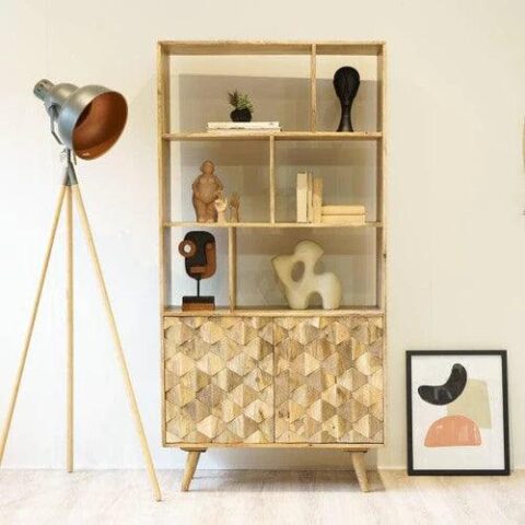 Natural Art & Crafts Pentagonal Hand-Carved Sideboard Cabinet with 1 Door & 3 Drawers Elegant Storage Solution for Home Decor