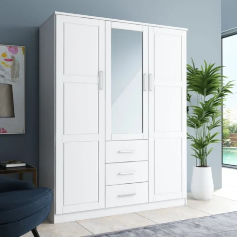 Natural Art & Crafts Aveah Teak Wood Multipurpose Storage Wardrobes & Dressers for Elegant Bedroom Storage Solution with 3 Doors and 3 Drawers (Mirrored)