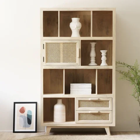 Natural Art & Crafts Castor Handmade Teak Wood Bookshelf & Display Unit  for Home or Office