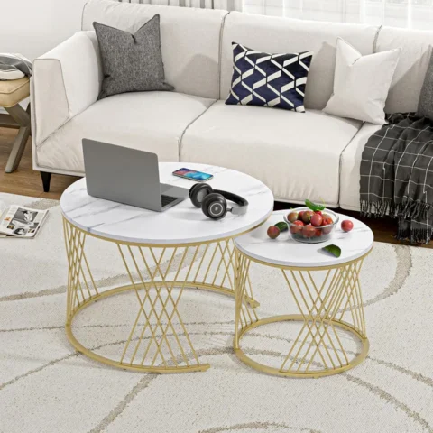 Natural Art & Crafts Smudge Cross Design Round Coffee Table Set of 2 with Marble Top-Like Finish for Modern & Elegant Living Room
