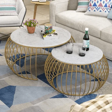 Natural Art & Crafts Sylena Round Coffee Table with Marble Top-Like Finish for Modern & Elegant Living Room ( Set of 2 )