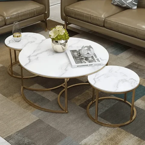 Natural Art & Crafts Vibing Modern Contemporary Metal Base Marble Top Nesting Coffee Table ( Set of 3 )