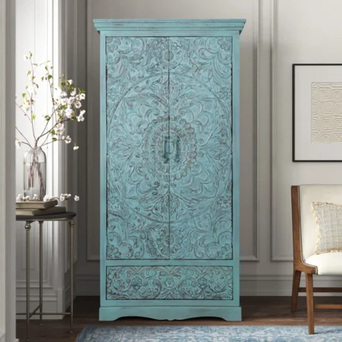 Natural Art & Crafts Concerto Teak Wood Multipurpose Storage Wardrobes & Dressers for Elegant Bedroom Storage Solution with 4 Doors and 1 Drawer (Green Washed)