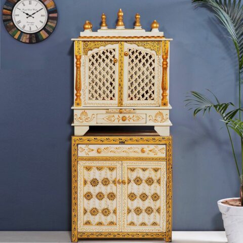 Natural Art & Crafts Mandap Traditional Handmade Teak Wood Pooja Temple with Storage for Daily Prayers (Antique White & Golden)