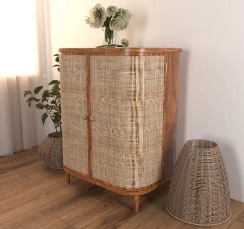 Natural Art & Crafts Hunky Curve Rattan Rosewood Door Cabinet Storage Rustic Storage Organizer for Home Décor