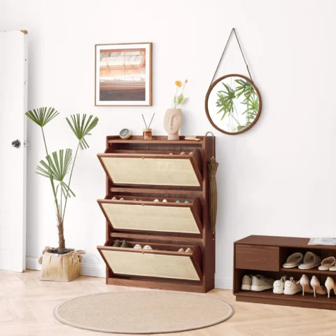 Natural Art & Crafts Grapple Cane Teak Wood Shoe Rack Cabinet, with 3 Shelves Space-Saving Shoe Storage Organizer for Entryway & Hallway