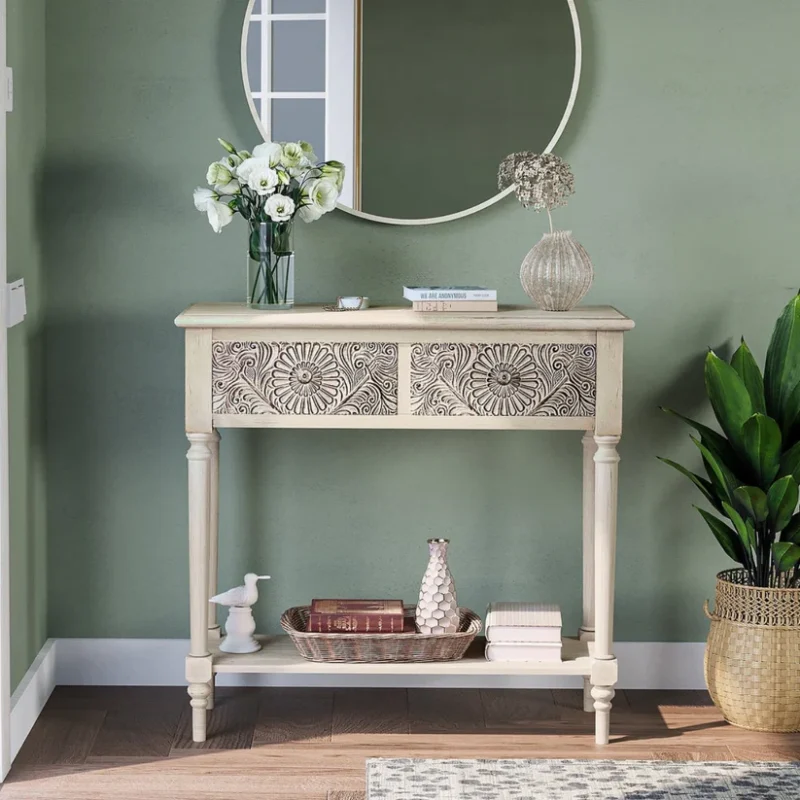 Natural Art & Crafts Habra Hand Carving Teak Wood Console Table with 2 Drawers Storage Rack for Living Room (Antique White)
