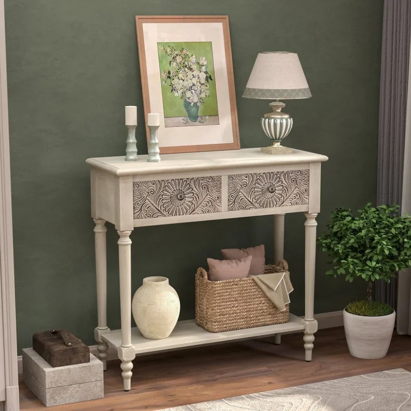 Natural Art & Crafts Habra Hand Carving Teak Wood Console Table with 2 Drawers Storage Rack for Living Room (Antique White) - Image 3