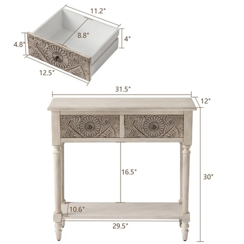 Natural Art & Crafts Habra Hand Carving Teak Wood Console Table with 2 Drawers Storage Rack for Living Room (Antique White) - Image 4