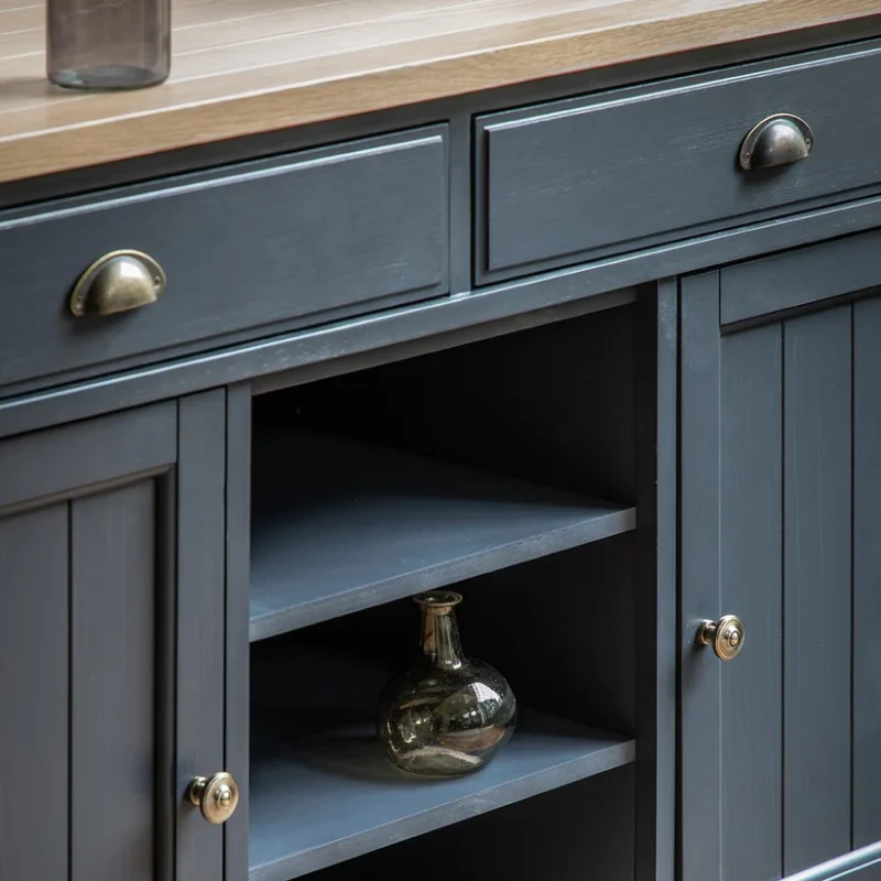 Natural Art & Crafts Marco Solid Wood Sheesham Wood 2 Door Sideboard Cabinet (Midnight Blue & Natural Top) - Image 3