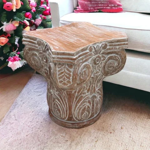 Natural Art & Crafts Hand Carved Pedestal Style End Table Mango Wood