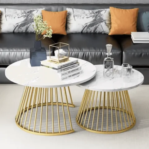 Natural Art & Crafts Ornate Circular Design Round Coffee Table Set of 2 with Marble Top-Like Finish for Modern & Elegant Living Room
