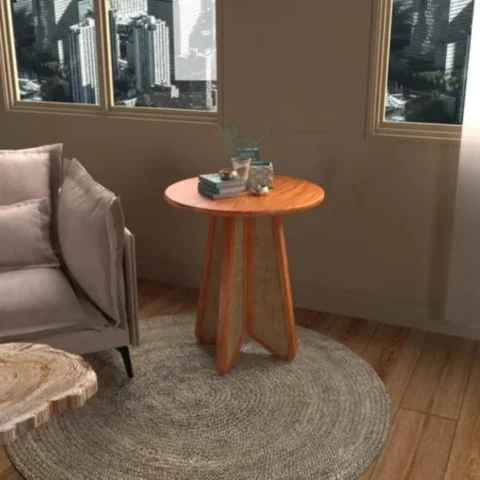 Natural Art & Crafts Eensy Rattan Round Teak Wood Side Table Stylish & Functional for Living Room or Bedroom