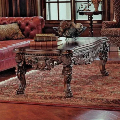 Natural Art & Crafts Traditional Rectangular Handmade Carving Mahogany Finish Coffee Table ( Brown )