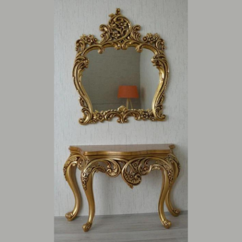 Natural Art & Crafts Hand Carved Antique Look Solid Teak Wood Console Table With Mirror ( Golden )