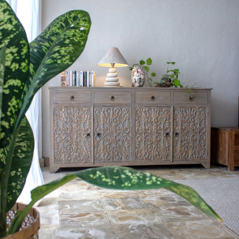 Natural Art & Crafts Spainss Hand Carved Teak Wood Sideboard Cabinet with 4 Doors and 4 Drawers ( Floral )
