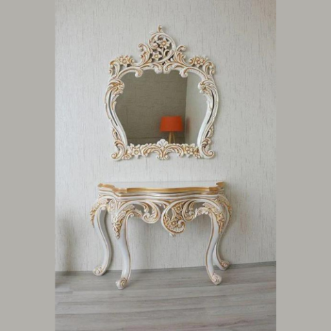 Natural Art & Crafts Hand Carved Antique Look Solid Teak Wood Console Table With Mirror ( Golden Leaf )