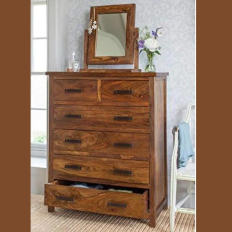 Natural Art & Crafts Standard Chest of 6 Drawers Solid Teak Wood Storage Cabinet for Bedroom, Living Room, and Home Organization