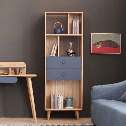 Natural Art & Crafts Modern Classic Bookcase Sideboard Wooden Cabinet with Four Rack 2 Drawers