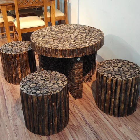 Natural Art & Crafts Alba Antique Poplar Wood Round Coffee Table Set with 4 Stools Rustic Handcrafted Vintage Style Living for Room