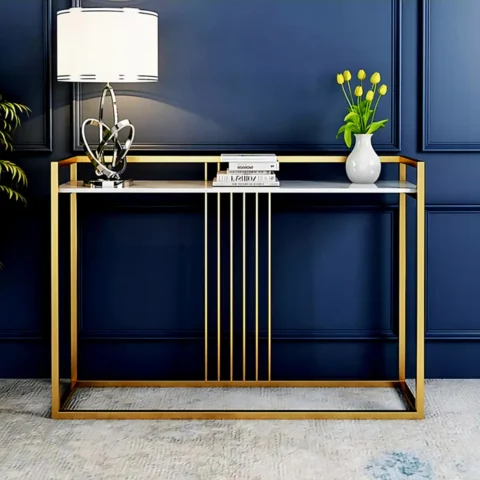 Natural Art & Crafts Carvel Cross Modern Stylish Golden Metallic MDF Laminated Top Console Table for Contemporary Living Room