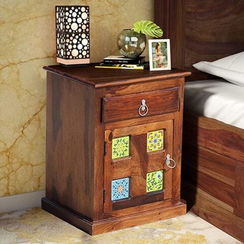 Natural Art & Crafts Solid Sheesham Bed Side (Tile) Table With 1 Drawer