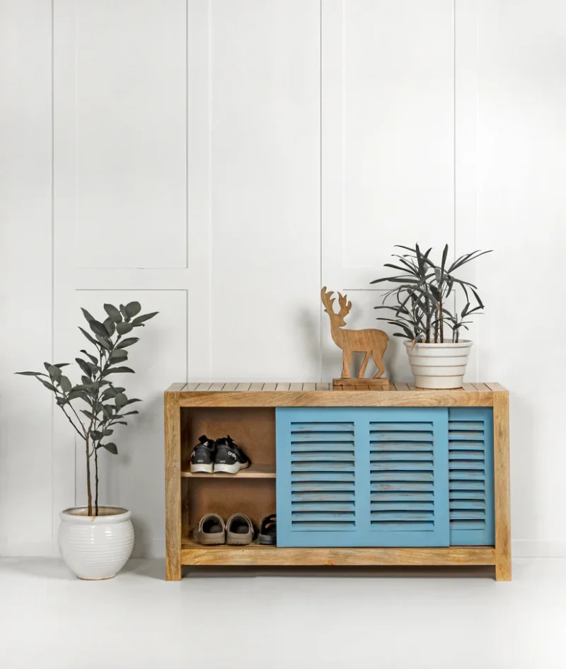 Natural Art & Crafts Anagi Handmade Teak Wood Shoe Rack Cabinet with 2 Doors Stylish Storage Solution for Home Entryway - Image 2