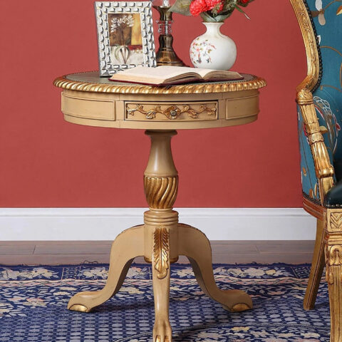 Natural Art & Crafts Luxury Modern Wooden Round Table Hand Carved Corner Side Table (With 2 Drawers)