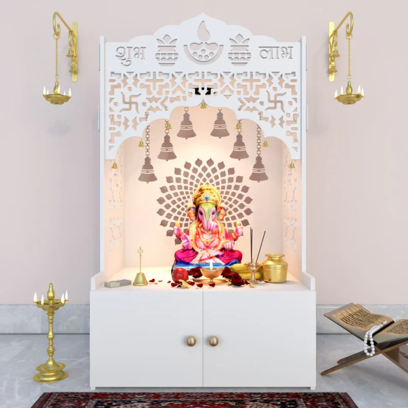 Natural Art & Crafts Divine Traditional Handmade Teak Wood Pooja Temple with Spacious Shelf & Inbuilt Focus Light for Daily Prayers (White)