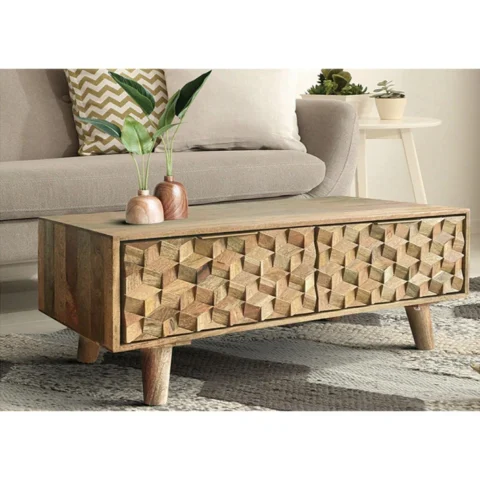 Natural Art & Crafts Breeze Carved Mango Wood Coffee Table Rustic Living Room Centerpiece