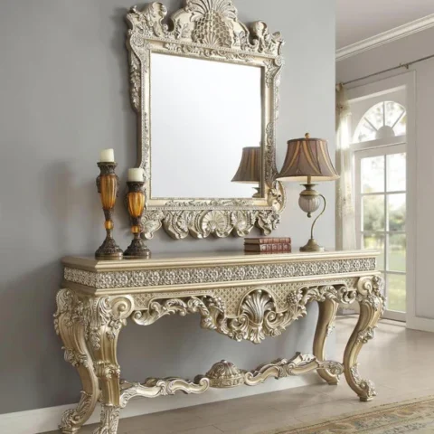 Natural Art & Crafts Hand Carved Traditional Style Teak Wood Console Table With Mirror Silver Leaf (Golden Finish)