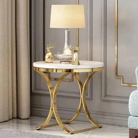 Natural Art & Crafts Radiance Round Side End Table with Marble Like Finish Top (Golden)
