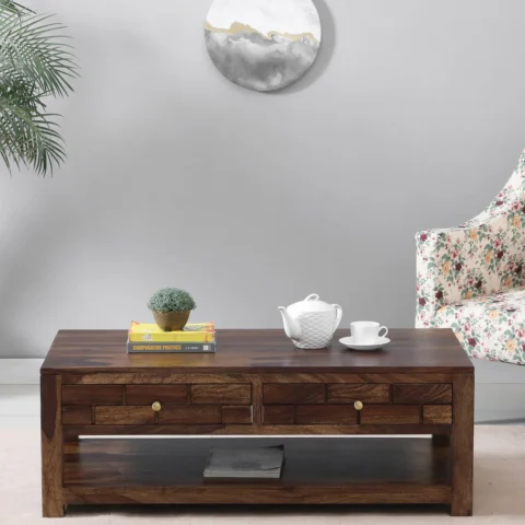 Natural Art & Crafts Indus Handmade Teak Wood Storage Coffee Table with 2 Drawers (Provincial Teak Finish)