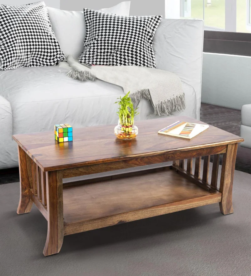 Natural Art & Crafts Rubi Handmade Teak Wood Coffee Table with 1 Shelf (Teak Finish)