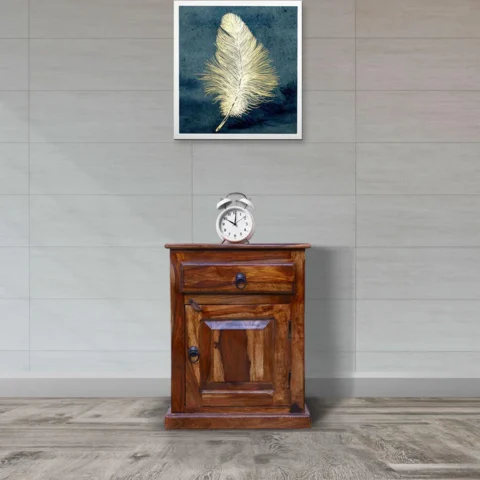 Natural Art & Crafts Handmade Classic Teak Wood Bedside Cabinet with 1 Drawer & 1 Door Rustic Wooden Nightstand