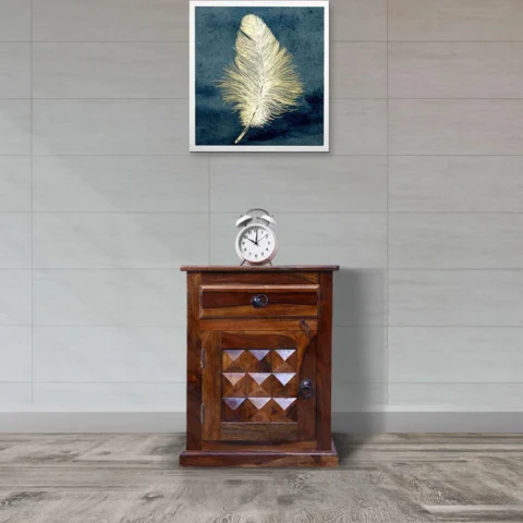 Natural Art & Crafts Diamond Handmade Classic Teak Wood Bedside Cabinet with 1 Drawer and 1 Door