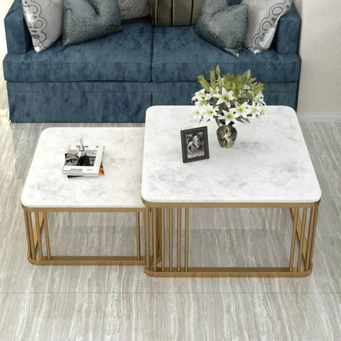 Natural Art & Crafts Smudge Square Center Nesting Tables Set with Marble Top-Like Finish for Modern & Elegant Living Room