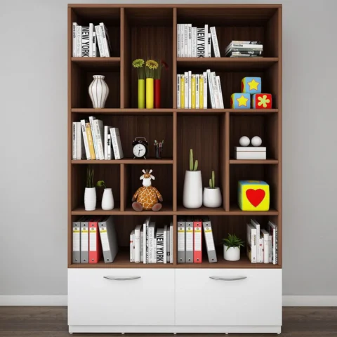 Natural Art & Crafts Pulseline Teak Wood Handmade Bookshelf Rack for Library Home or Office (Walnut & Frosty White Finish)