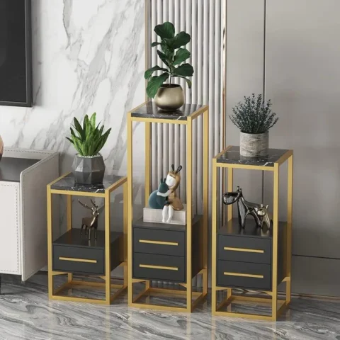 Natural Art & Crafts Luxurious Golden Iron Square Side End Table with Black Marble Top Elegant Space Saving (Set of 3)